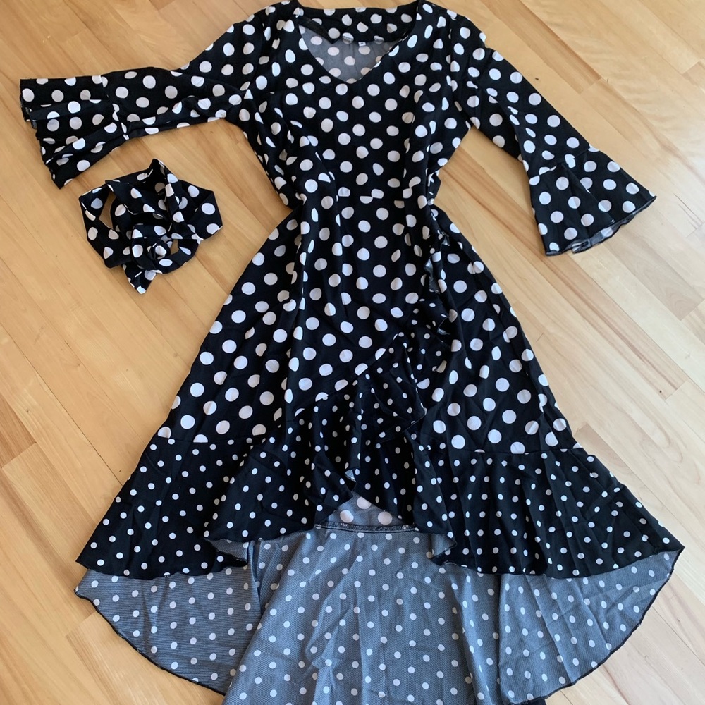 Black and White Polka Dot Midi Dress with Ruffle Hem